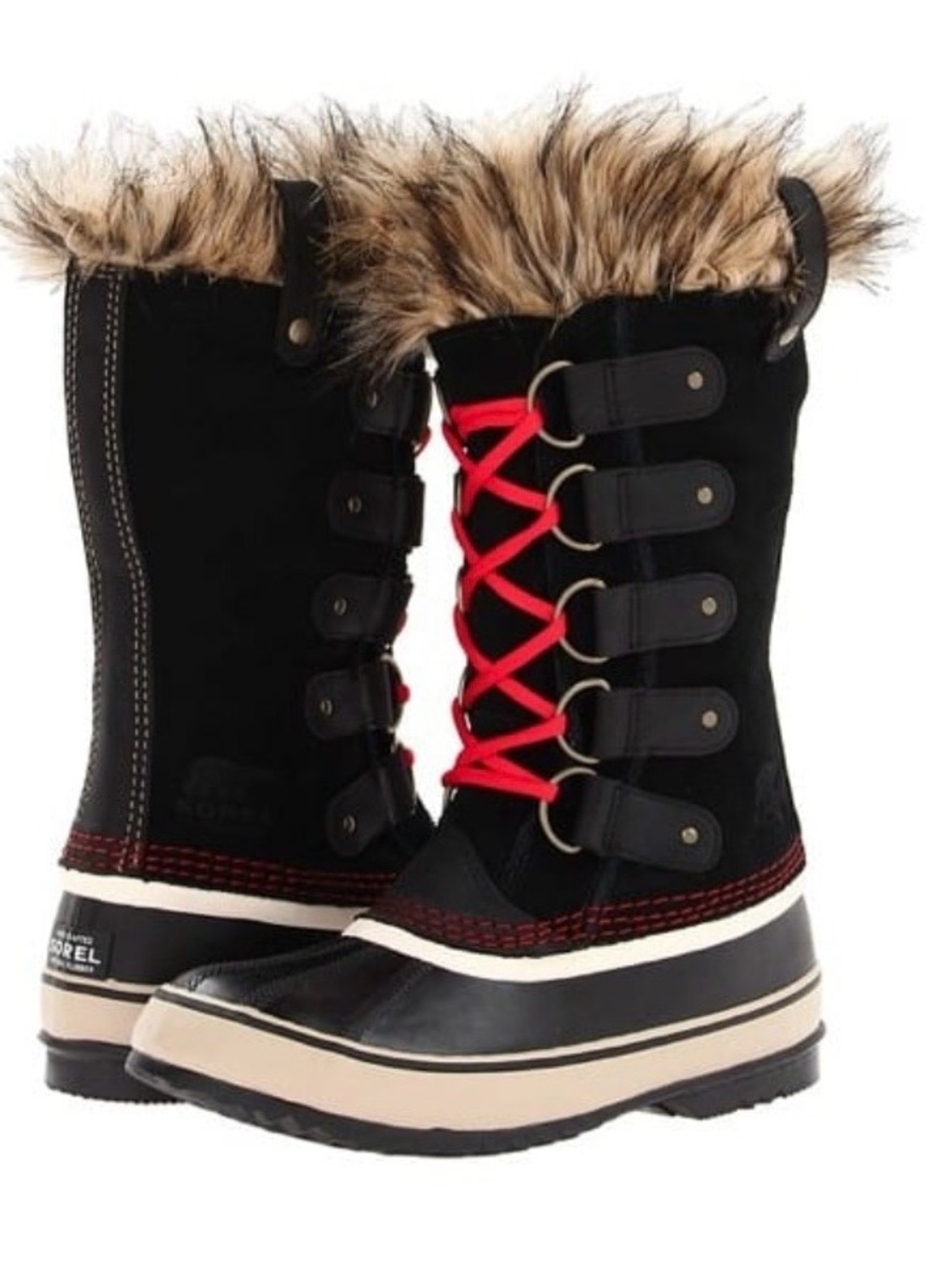 Sorel Joan of Arctic Black Suede Winter Boots Faux-Fur Cuff Red Laces Waterproof